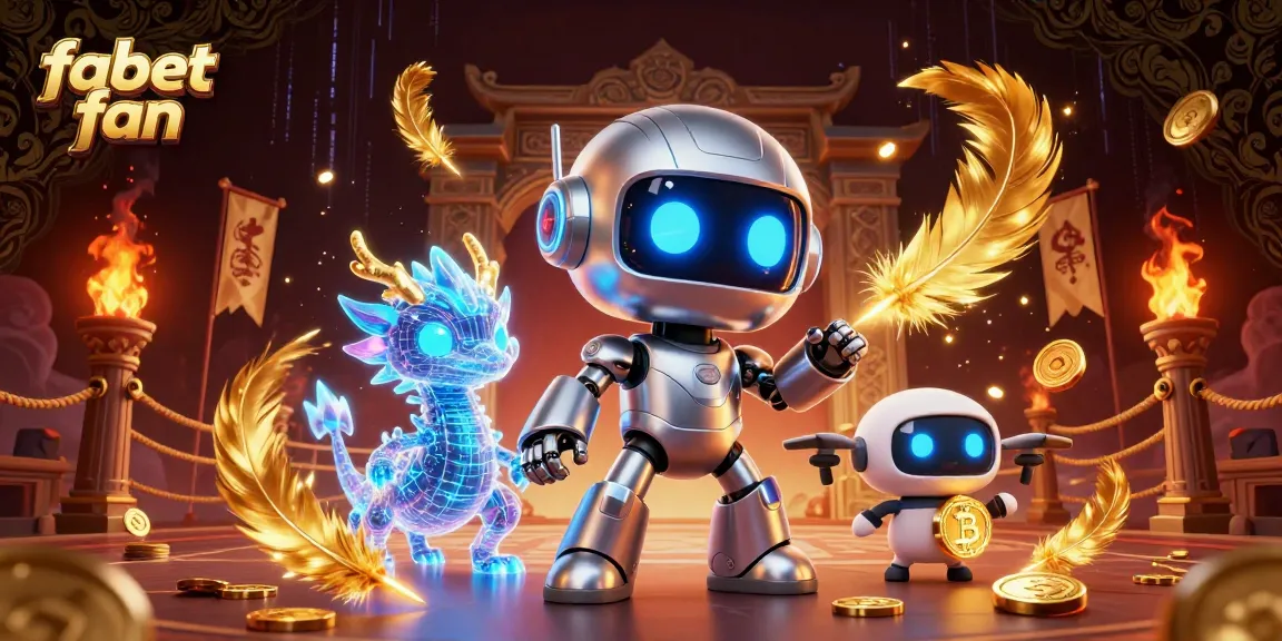 Engage with fabet fan in a lively 3D casino scene featuring a cyberpunk robot and a bitcoin drone.