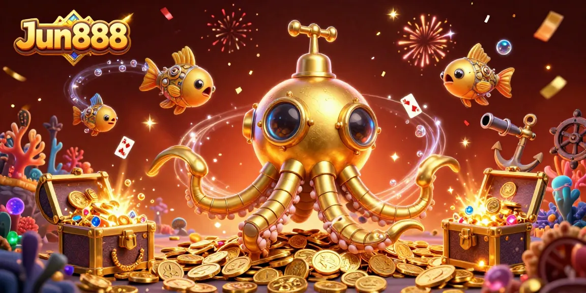 Experience the thrill of winning at Jun888 with a golden kraken surrounded by treasure and excitement.