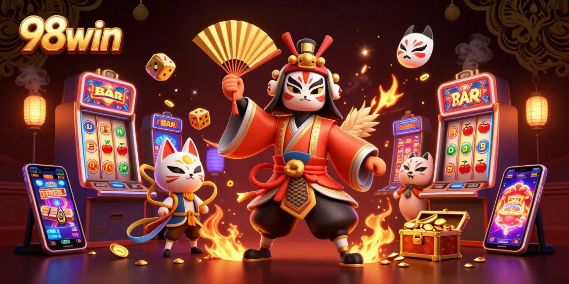 Join the excitement of 98win's thrilling casino games with vibrant characters and dazzling jackpots.