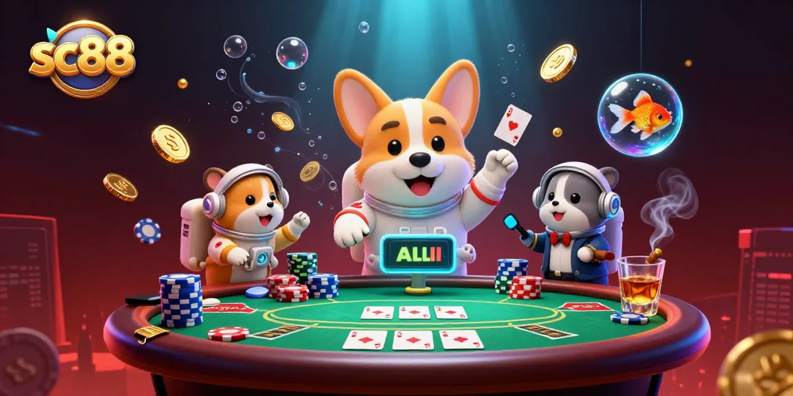 Sc88 casino scene with floating characters and poker chips, illustrating exciting gaming action