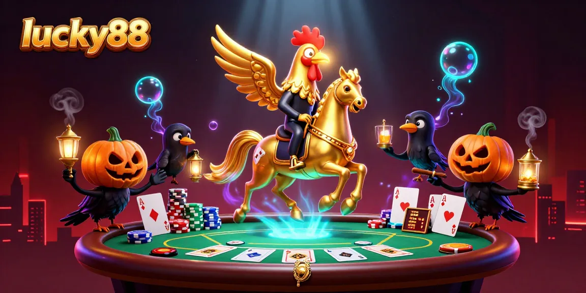 Engage with the lucky88 action at a vibrant casino with a golden rooster amidst poker excitement.