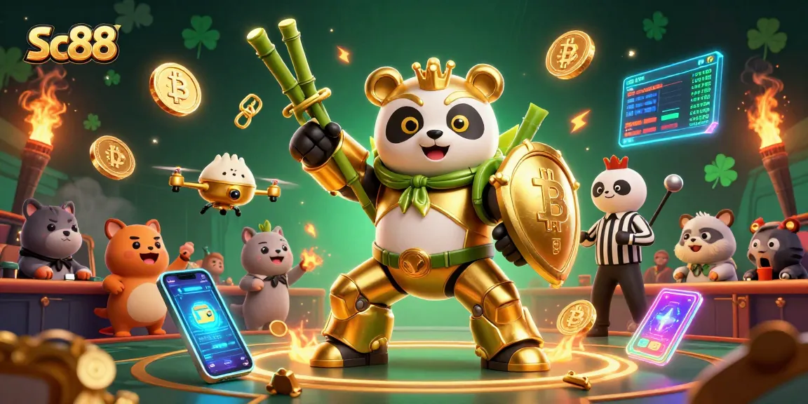 Experience the dynamic casino scene with Sc88, featuring our golden panda pilot amidst vibrant gambling elements.