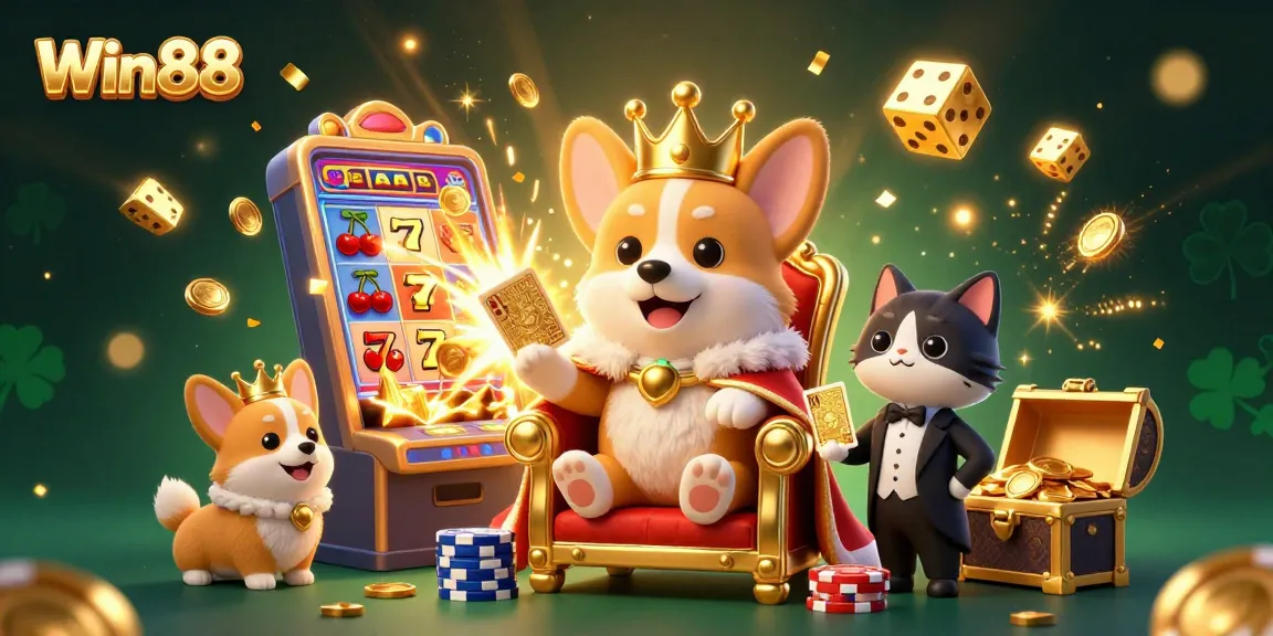 Win88 celebrates players winning big at slots with a royal corgi on a poker chip throne.