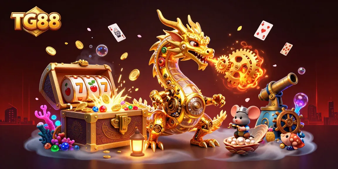 Experience thrilling slots at TG88 with a golden dragon amidst sparkling treasures