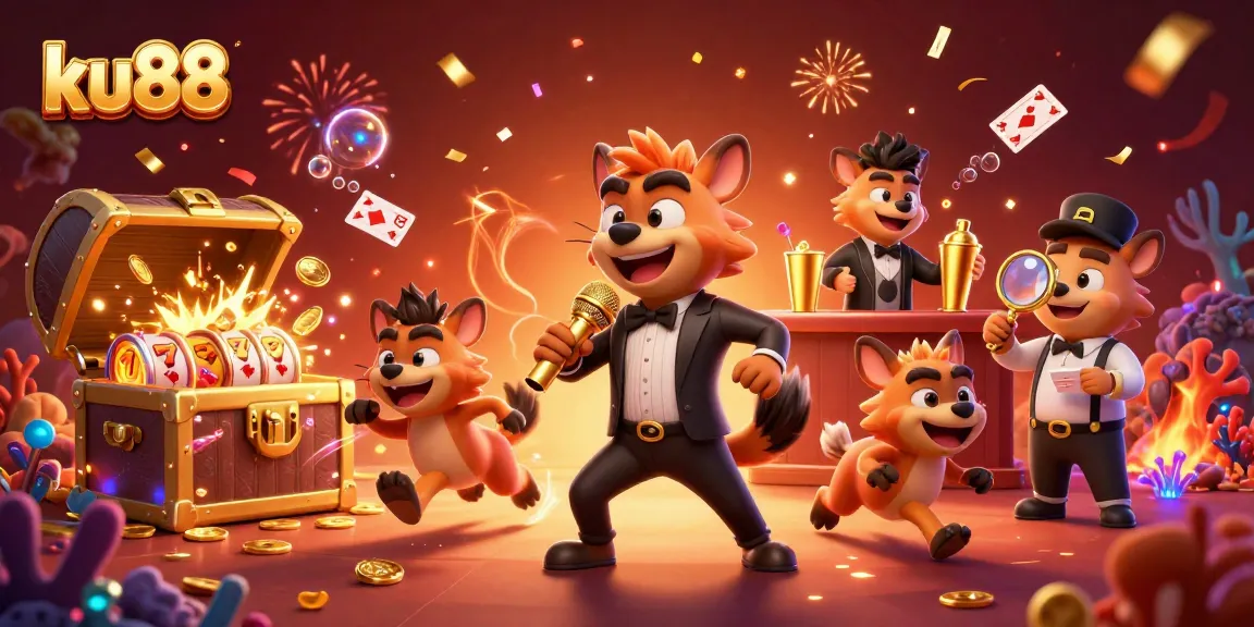 ku88 hyenas hosting a vibrant comedy casino scene with slot reels and treasure