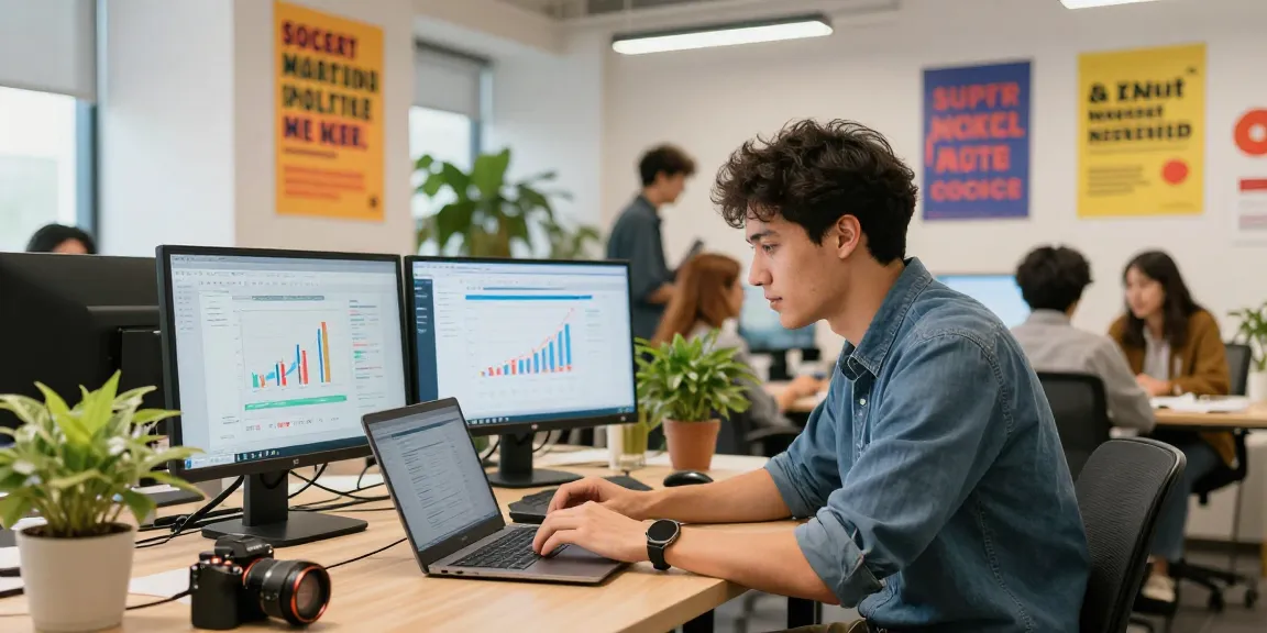 Instagram Follower kaufen: Junge Fachkraft analysiert Instagram-Wachstumsmetriken in einem lebhaften Büro.