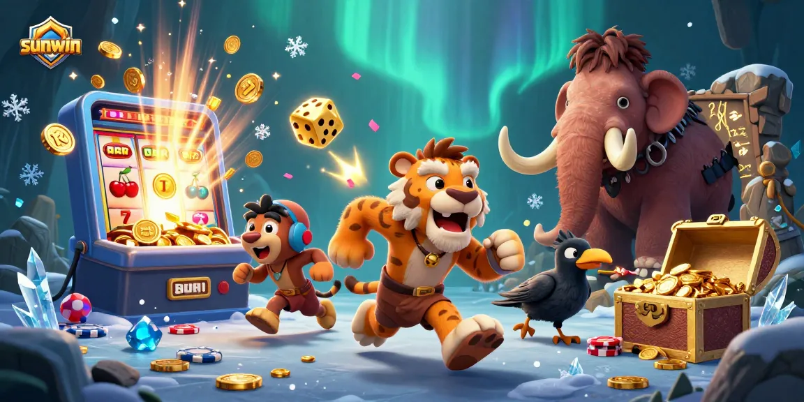 Win big at Sunwin with 3D cartoon characters enjoying slots and games in a prehistoric casino.