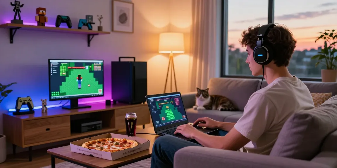 Wygodny kącik do gry z laptopem pokazującym hosting gier w Minecraft.