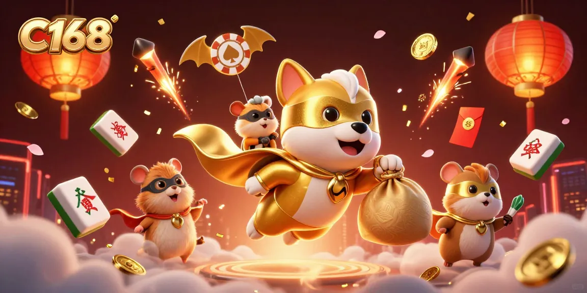 C168 casino experience with a superhero dog and hamster, celebrating wins in a vibrant 3D scene.