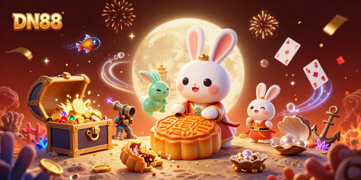 Experience thrilling gaming at DN88 with vibrant casino elements and playful moon rabbits.