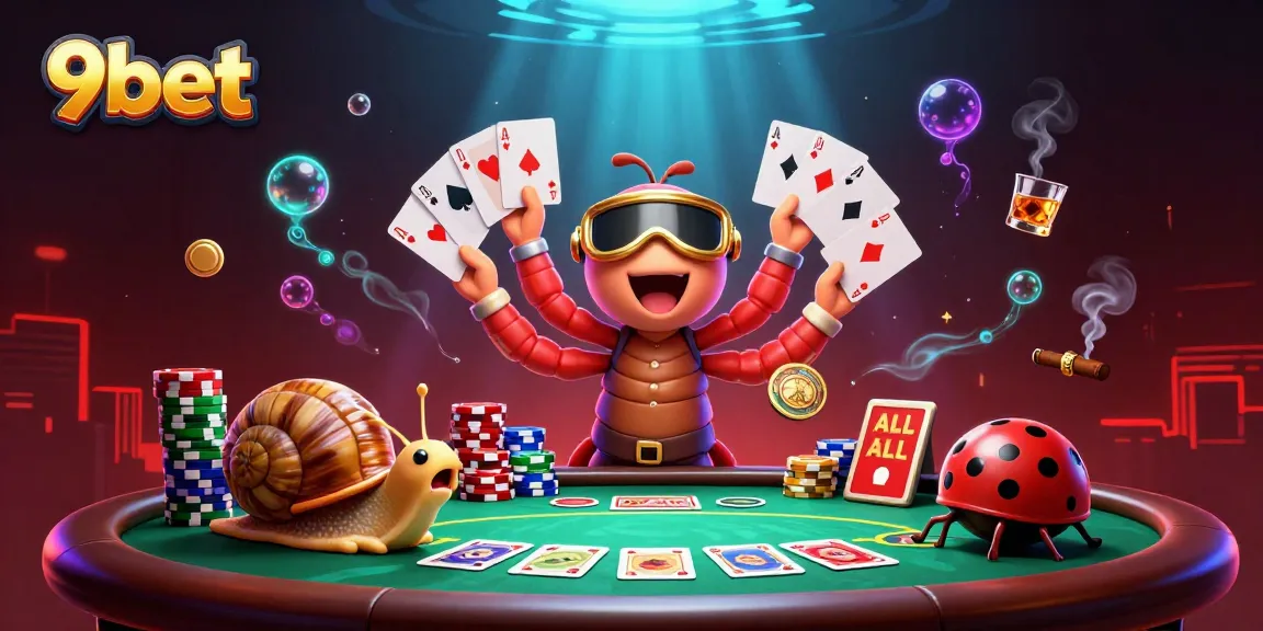 Experience high-stakes poker action with 9bet's cartoon dealer and exciting gameplay elements.