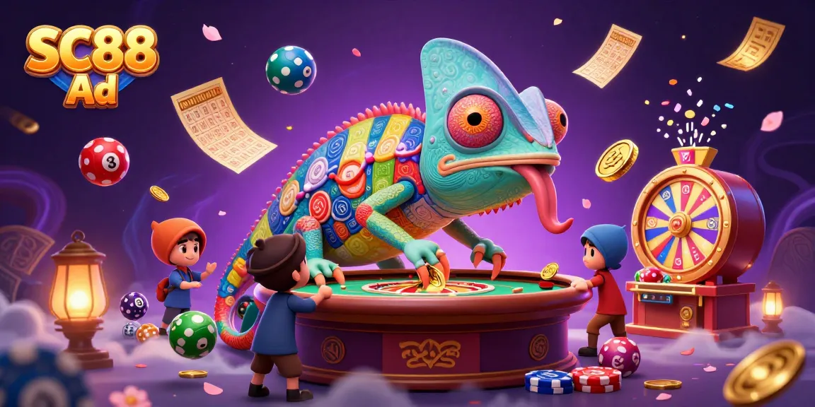 Engage with SC88 Ad: a vibrant chameleon casino scene brimming with dynamic lottery elements.