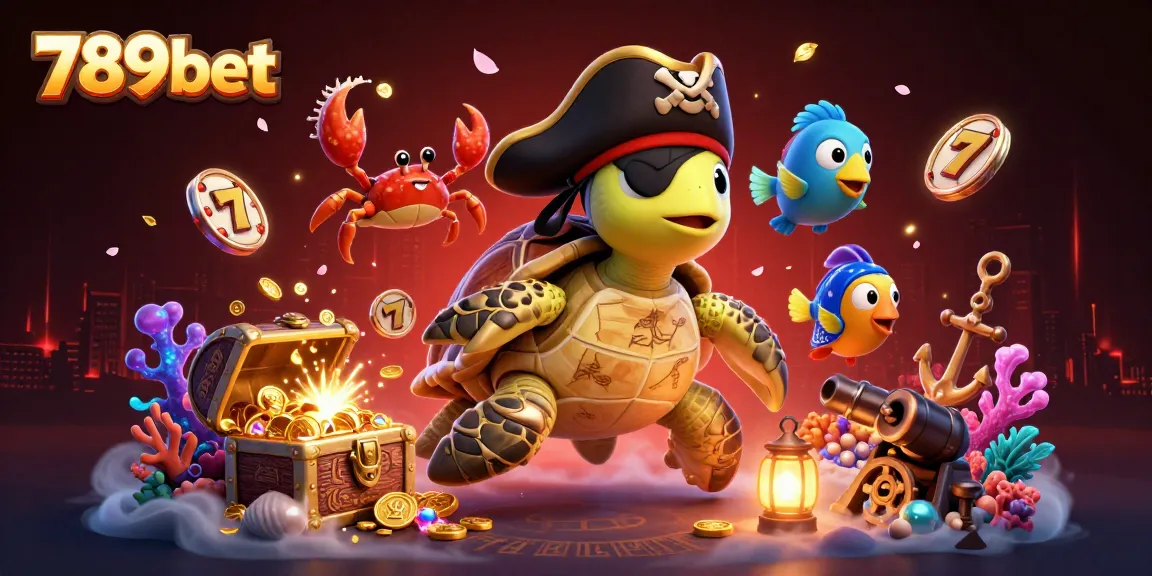 Experience adventure with 789bet as a pirate turtle and friends find treasure amidst vibrant casino elements.