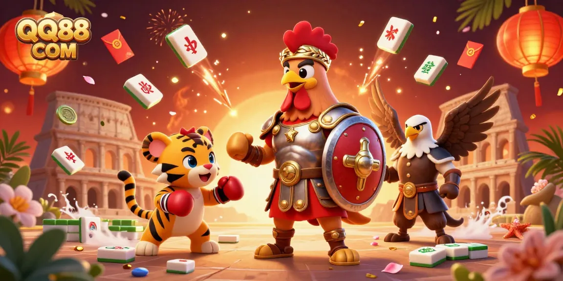 Experience thrilling moments at QQ88 COM with a unique 3D illustration featuring a gladiator and games.