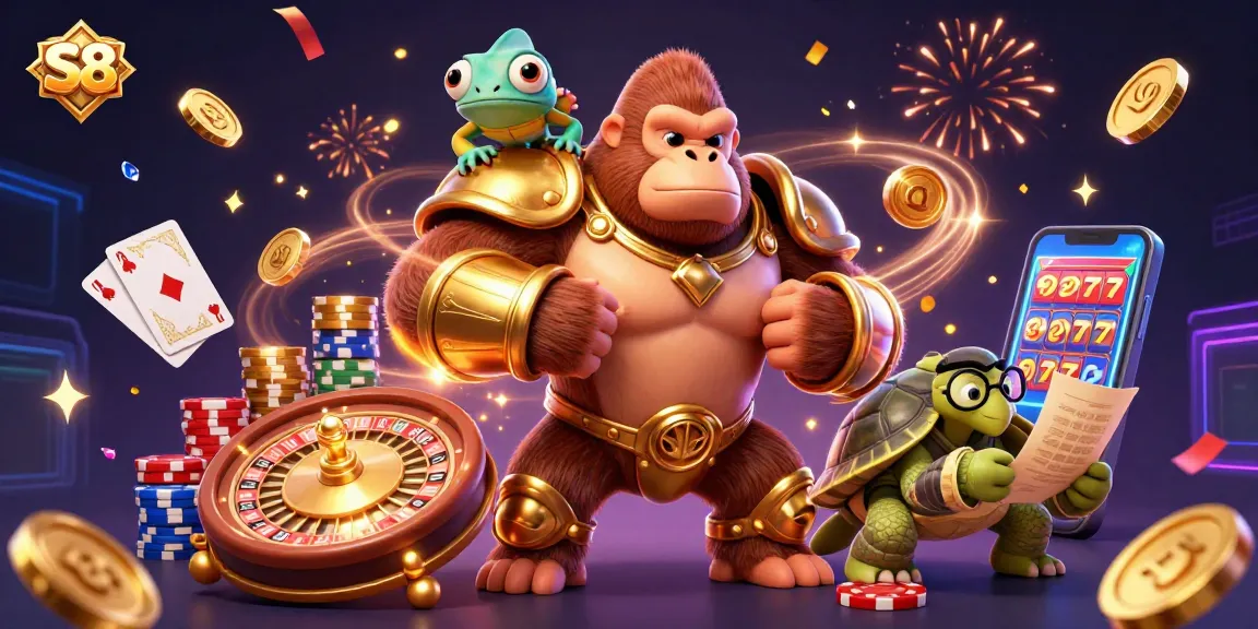 Join S8 for thrilling wins with a mighty gorilla king and his colorful spy, immersed in vivid gaming action.