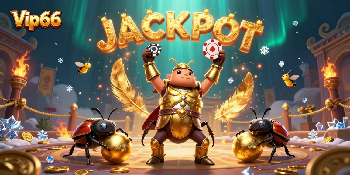 Experience the excitement of gambling at Vip66 with a dynamic casino illustration featuring a victorious beetle hero.