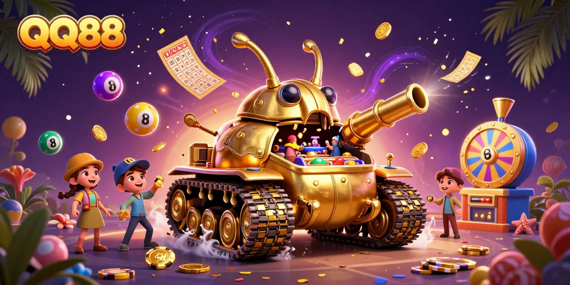 Join the QQ88 adventure with a golden beetle tank casino and vibrant lottery elements