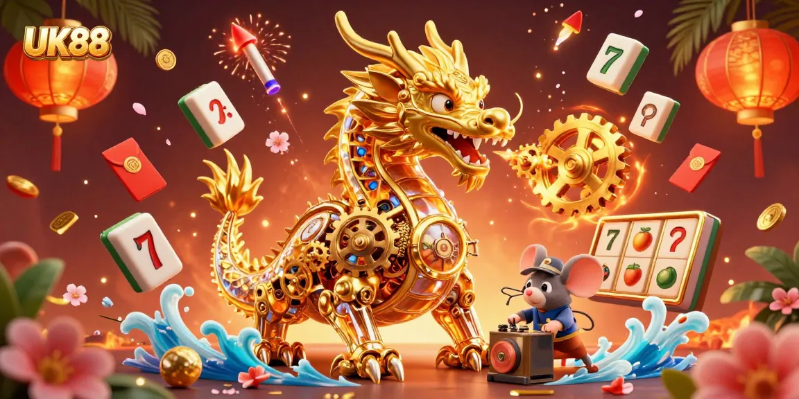 Experience UK88 with a vibrant casino scene featuring a mechanical dragon amidst dazzling slot reels.