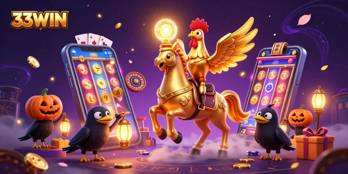 Win big with 33WIN as the golden rooster rides through a vibrant casino scene.