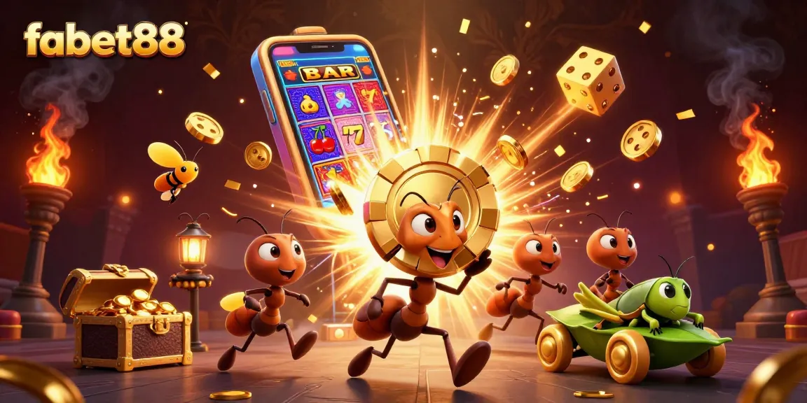 Experience thrilling heists in fabet88 with ants hauling a massive poker chip amidst casino games.
