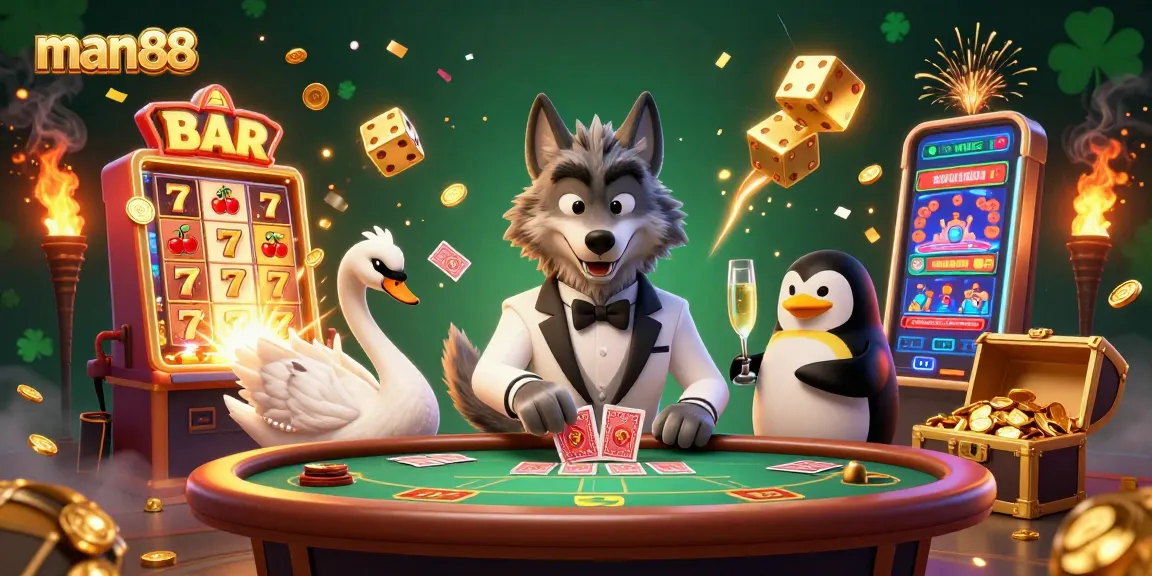 Experience the thrill of winning at man88's vibrant casino games with shimmering jackpots and engaging characters.