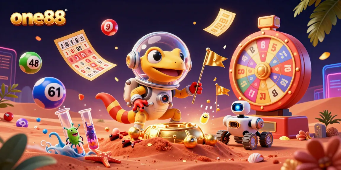 Experience one88's vibrant casino adventure with a Martian gecko discovering treasures.