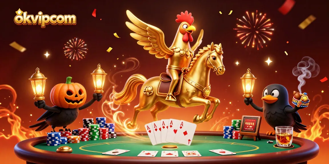 Experience thrilling moments at okvipcom with a golden rooster and ghostly horse in a vibrant casino setting.