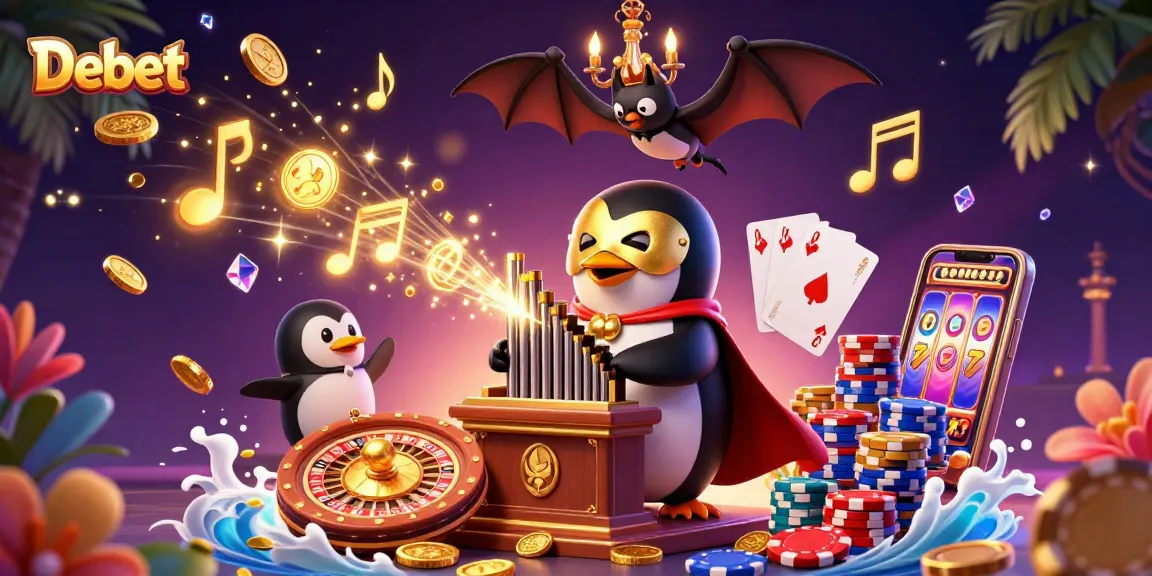 Experience the thrill of Debet with a whimsical casino scene featuring a pipe organ, golden coins, and a bat acrobat.