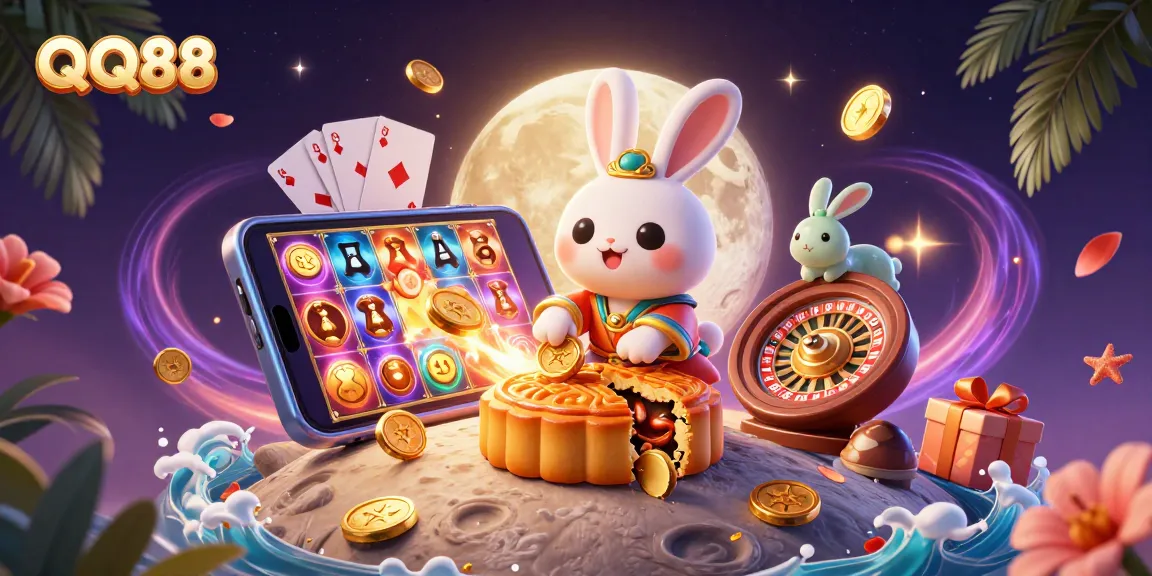 Engage with QQ88's vibrant gaming world featuring a moon rabbit and casino elements.
