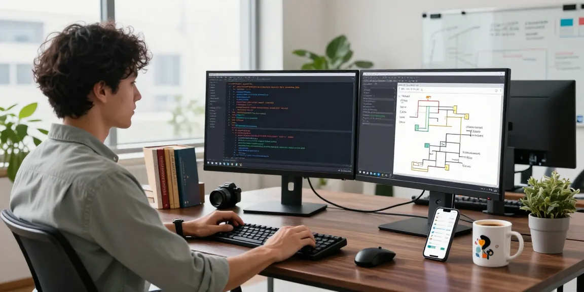 Build internal tools with AI in a modern workspace showcasing a developer coding on dual monitors.