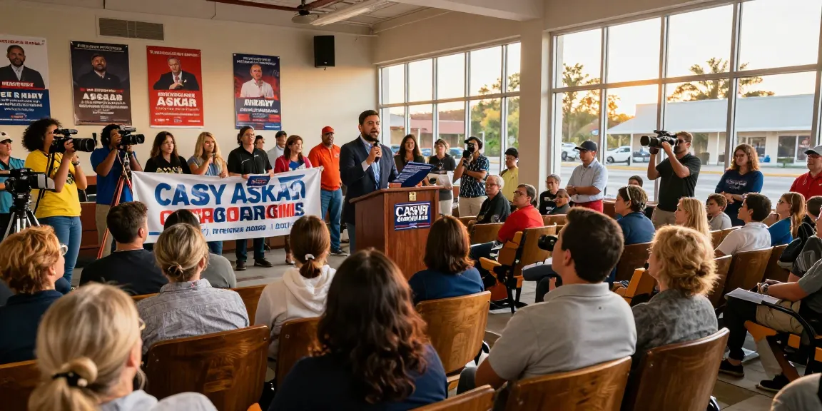 Casey Askar speaking at a community event, highlighting campaign issues in Florida.