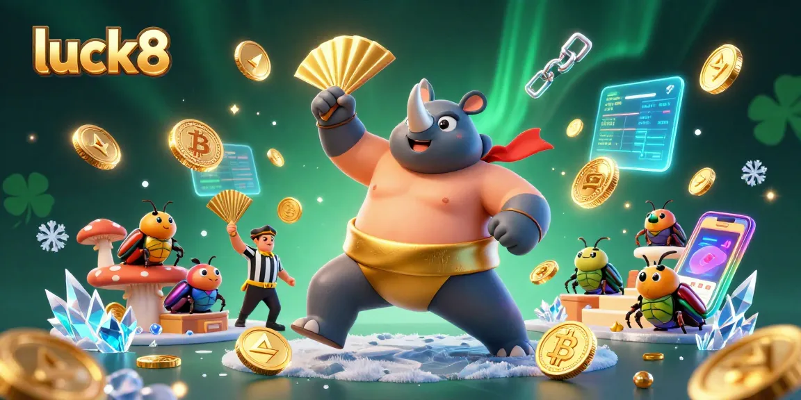 Experience luck8's vibrant gaming atmosphere with a sumo beetle champion amidst flying coins and cryptocurrency.