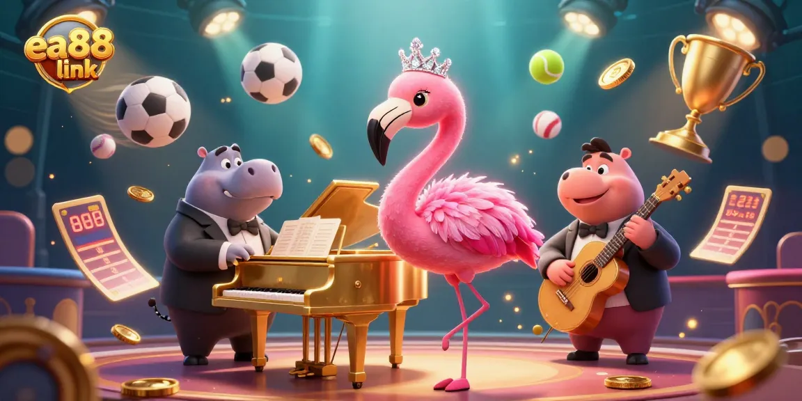 Engage with the ea88 link in a vibrant casino scene featuring a flamingo singer and hippo bassist.