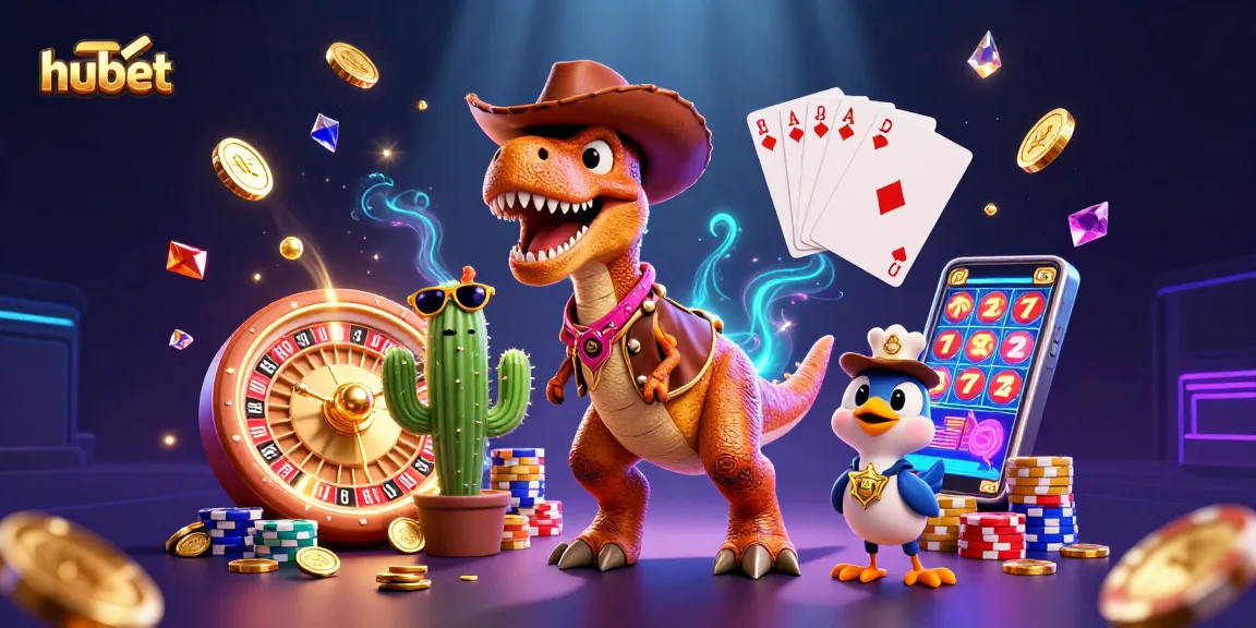 Engage with hubet's vibrant casino adventure featuring a cowboy dinosaur and friends!