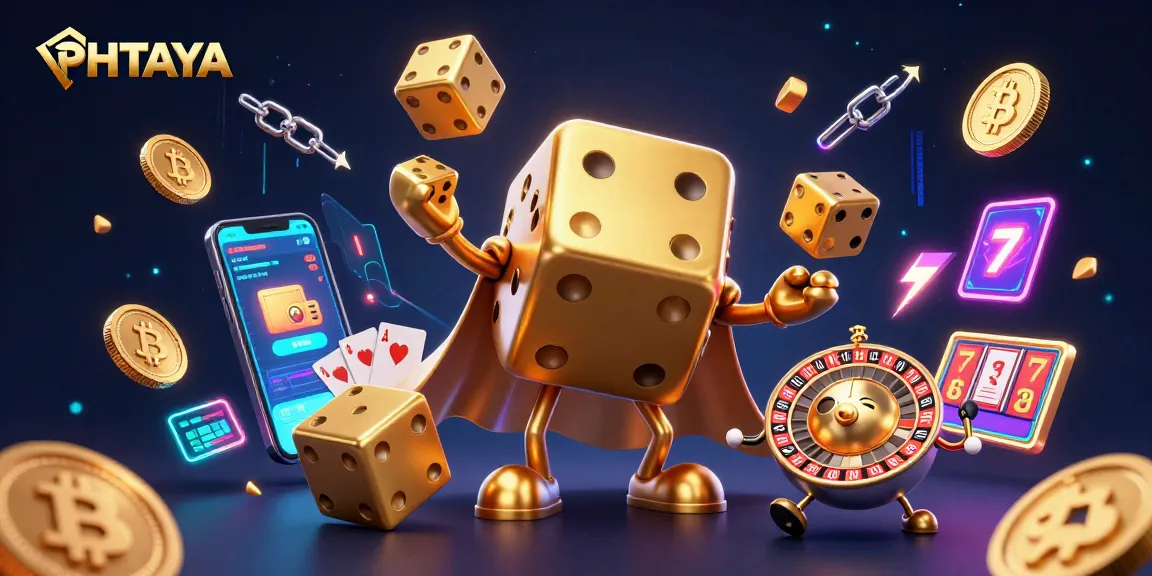 PHTAYA showcases a vibrant 3D scene of a golden dice golem and roulette head companion in a dynamic casino environment.