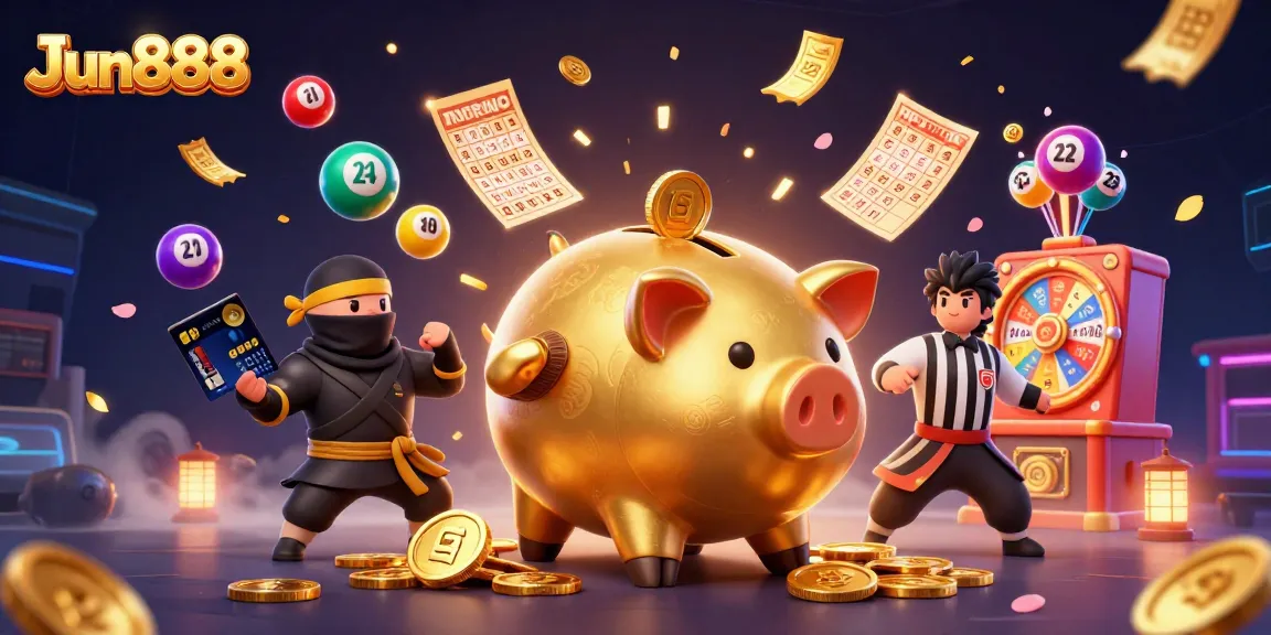 Engage with Jun888 as a sumo wrestler piggy bank unleashes coins amid lottery excitement!