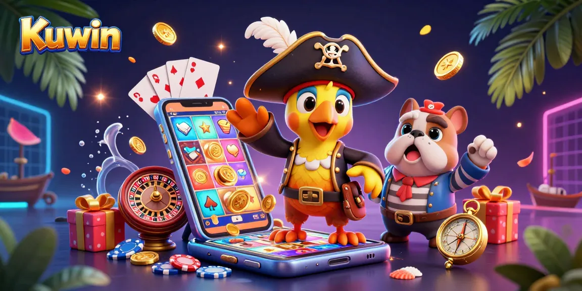 Kuwin's vibrant 3D illustration showcases a pirate captain and friends immersed in a colorful slot game action.