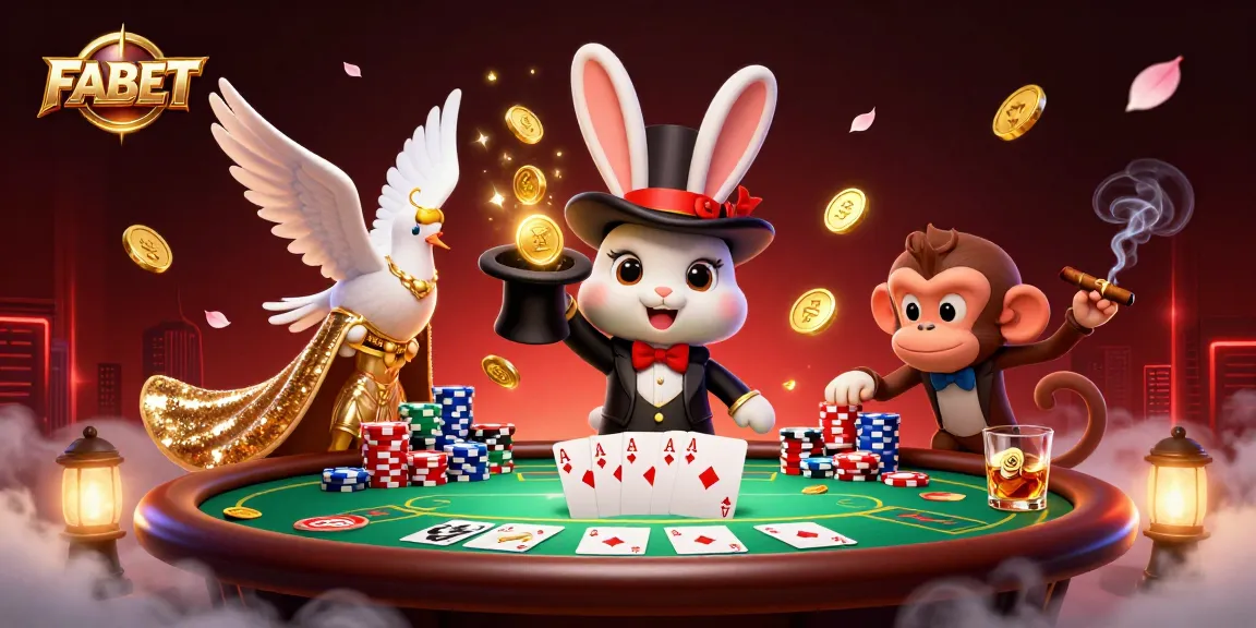 FABET shows a magician rabbit pulling coins, a dove and monkey at a poker table.