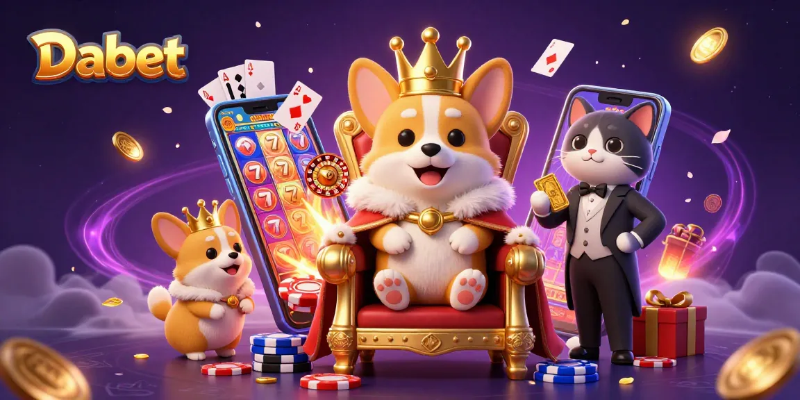 Dabet showcases a royal corgi and cat butler in a colorful, vibrant casino scene with slot games and poker chips.