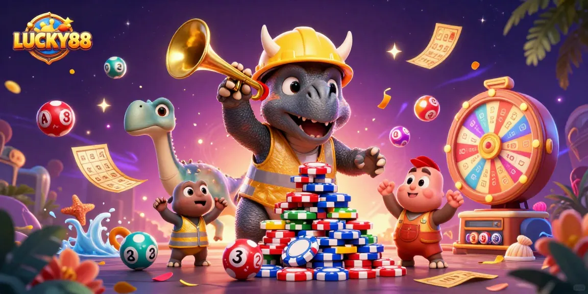 LUCKY88 stands out in this vibrant casino scene with lively characters, celebrating thrilling gameplay.