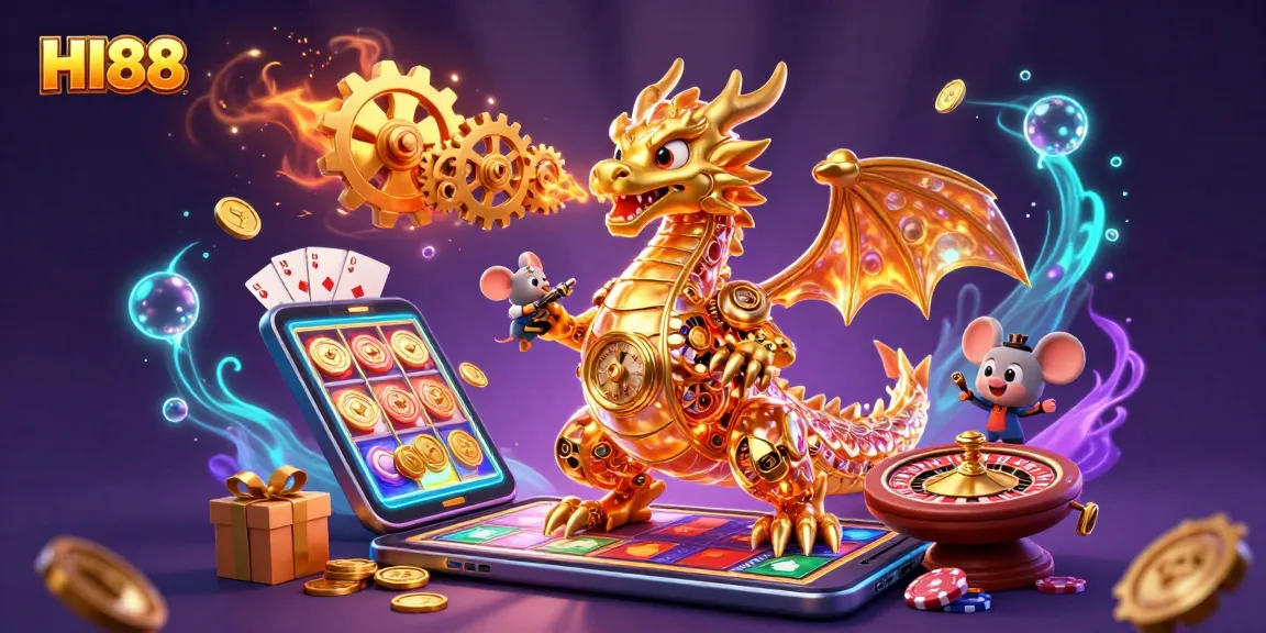 HI88 showcases engaging casino gameplay with a golden dragon and colorful slot elements