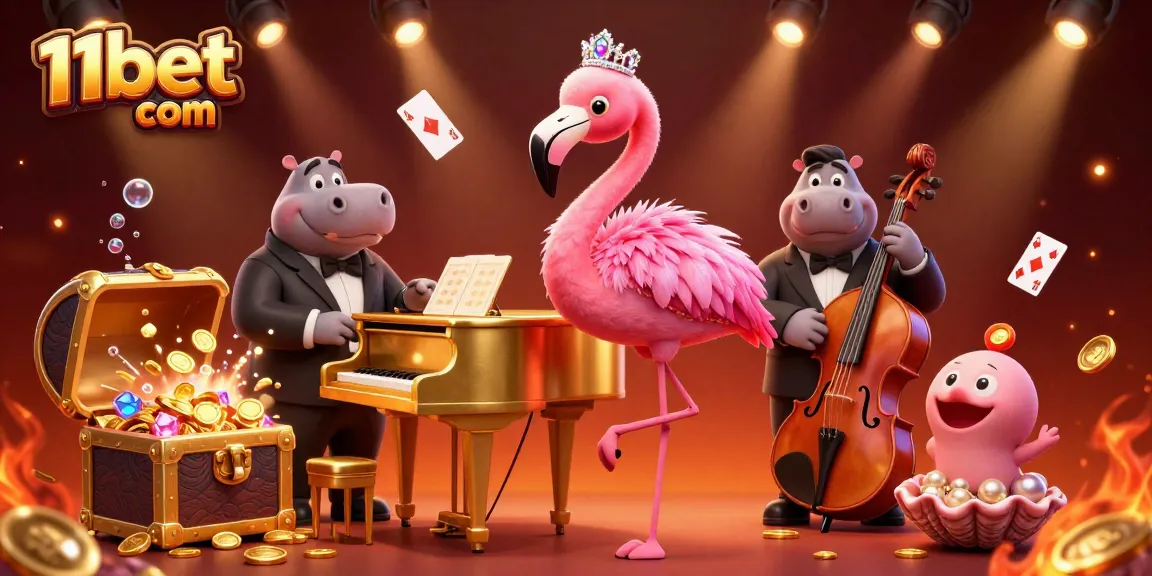 Get ready to play at 11bet com with this vibrant 3D casino scene featuring fun characters and treasures!