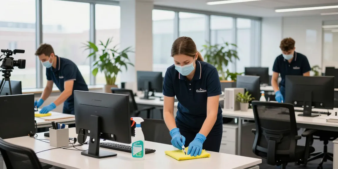 Professionelle Gebäudereinigung Düsseldorf mit einem engagierten Reinigungsteam, das Büros gründlich reinigt und desinfiziert.