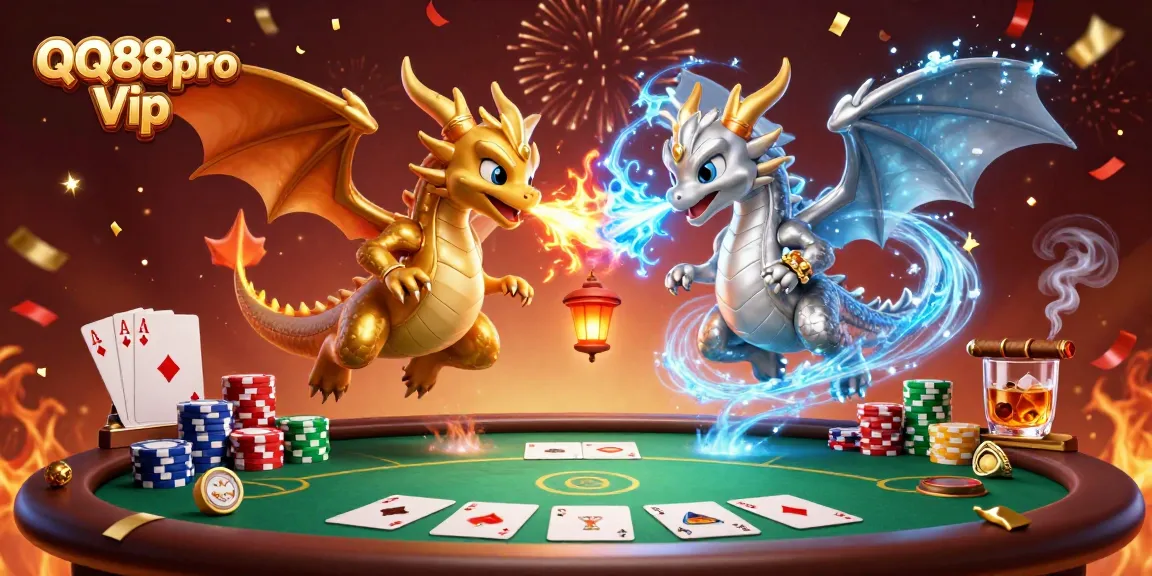 Engage in thrilling gameplay with QQ88pro Vip, where golden and silver dragons intertwine amidst dynamic casino action.