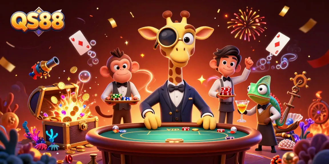 Celebrate with QS88 in a vibrant casino scene featuring a giraffe high-roller and dynamic gaming elements.
