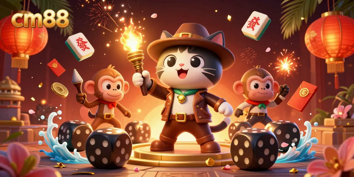Spark vibrant energy at cm88 with an explorer cat uncovering casino treasures in a dynamic temple scene.