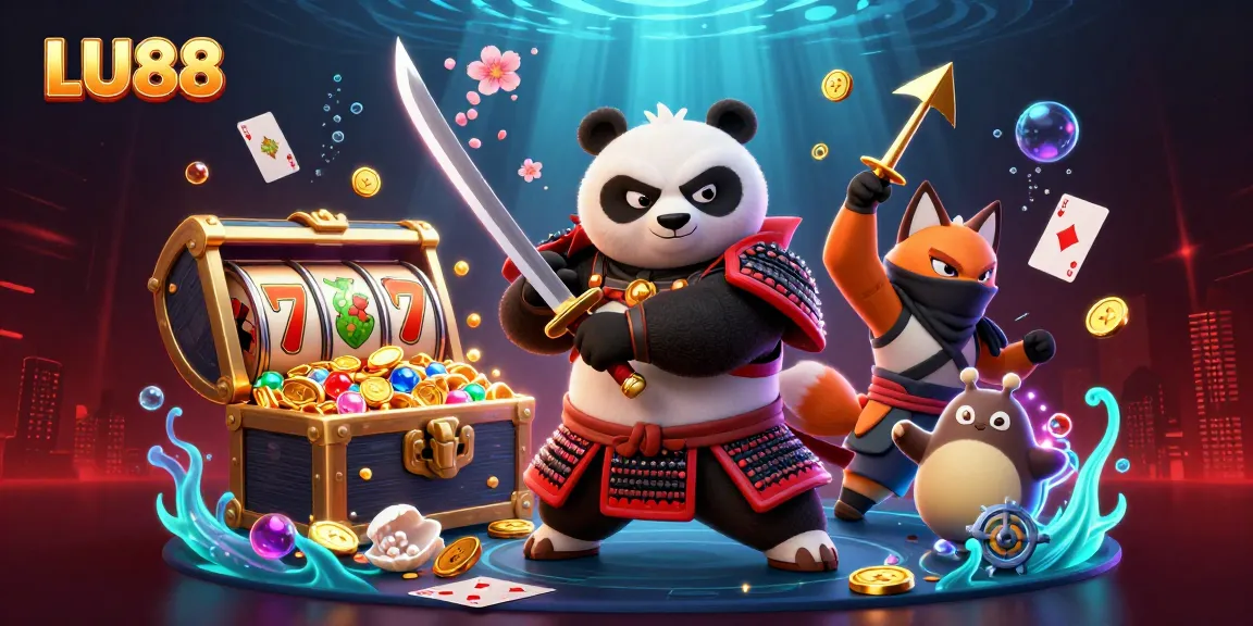 LU88 samurai panda, ninja fox, and spirit tanuki amidst vibrant casino elements in a rich 3D illustration.